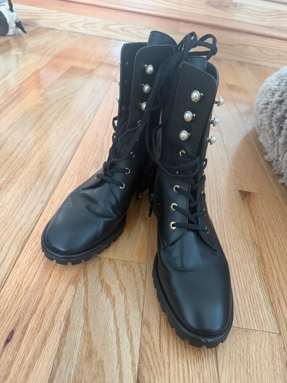 Stuart Weitzman Black Pearl-Button Lace-Up Combat Boots - Women